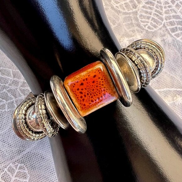 Coil Wrapped Silver Bracelet with Bold Orange Ceramic Pottery Bead Accent - Picture 1 of 10